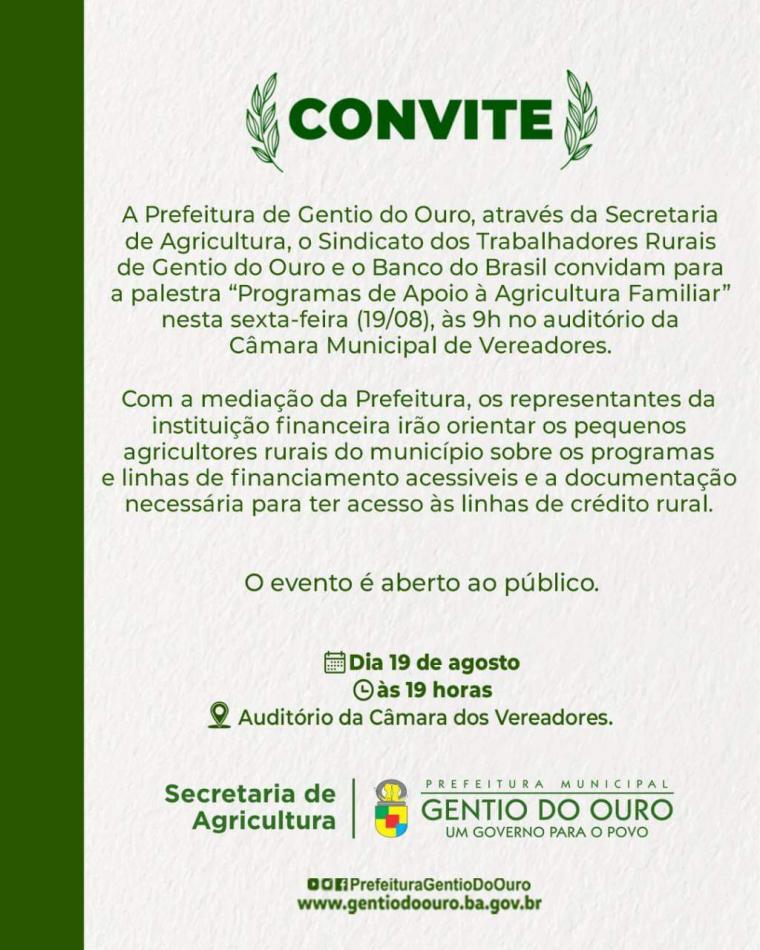 Prefeitura de Gentio do Ouro e Sindicato Rural convidam agricultores para palestra sobre crédito rural, nesta sexta (19)